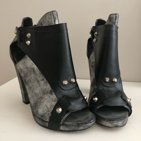 Silver Metallic and Black Peep Toe Booties - Picture 2 of 8